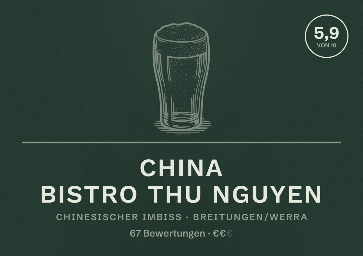 Illustriertes Poster von China Bistro Thu Nguyen, Chinesischer Imbiss in Breitungen/Werra: Bewertung 5,9 von 10 aus 67 Bewertungen, Preisniveau €€