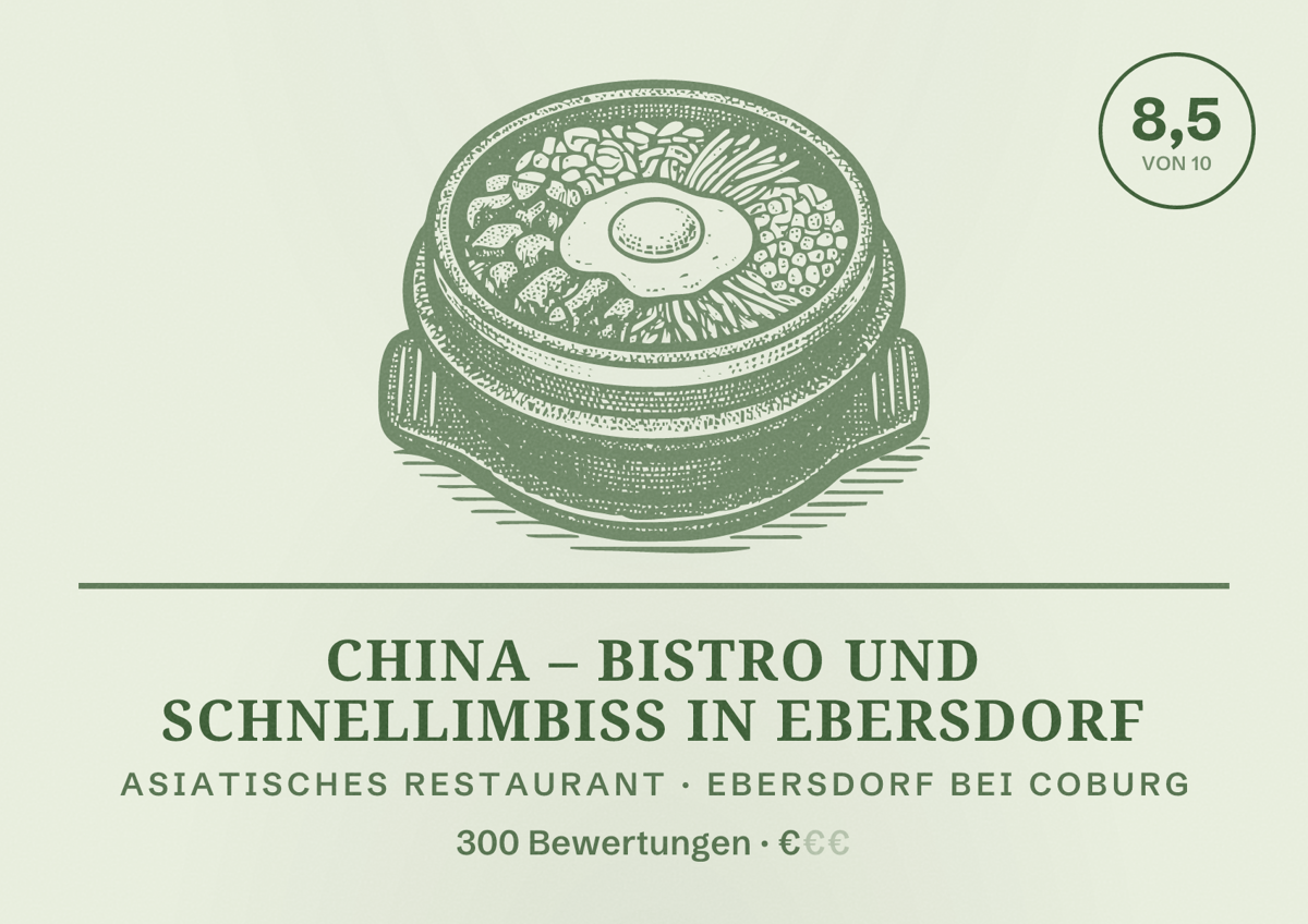 Illustriertes Poster von China – Bistro und Schnellimbiss in Ebersdorf, Asiatisches Restaurant in Ebersdorf bei Coburg: Bewertung 8,5 von 10 aus 300 Bewertungen, Preisniveau €