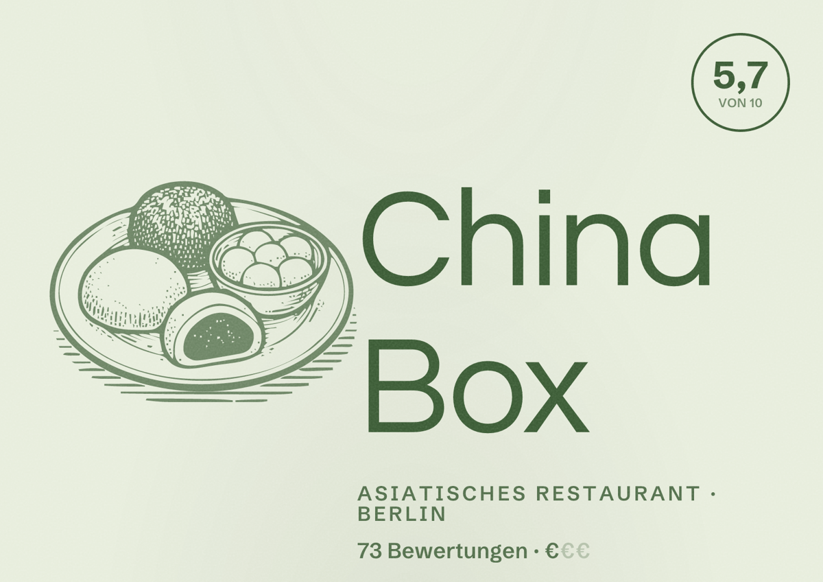 Illustriertes Poster von China Box, Asiatisches Restaurant in Berlin: Bewertung 5,7 von 10 aus 73 Bewertungen, Preisniveau €