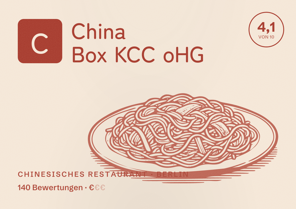 Illustriertes Poster von China Box KCC oHG, Chinesisches Restaurant in Berlin: Bewertung 4,1 von 10 aus 140 Bewertungen, Preisniveau €