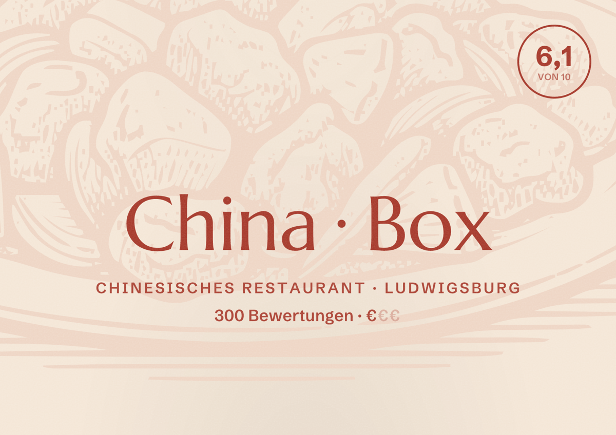 Illustriertes Poster von China Box, Chinesisches Restaurant in Ludwigsburg: Bewertung 6,1 von 10 aus 300 Bewertungen, Preisniveau €
