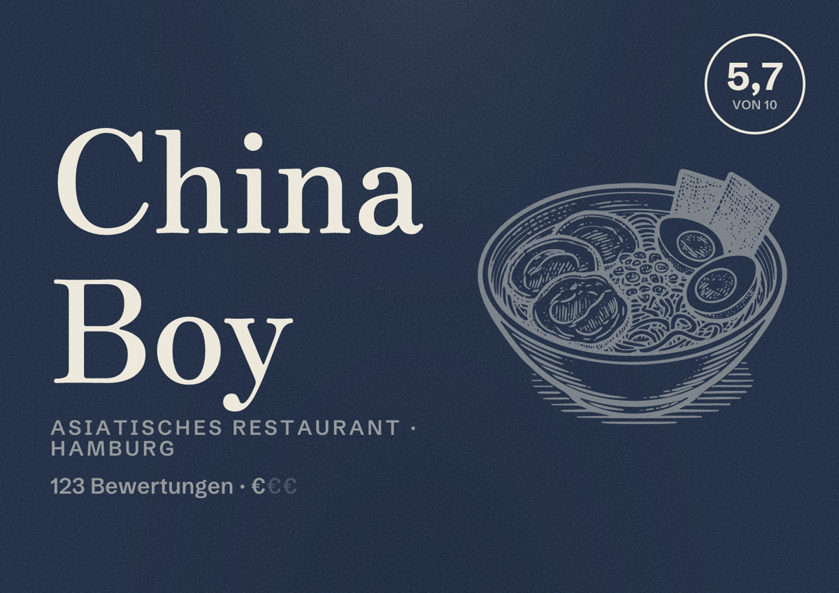 Illustriertes Poster von China Boy, Asiatisches Restaurant in Hamburg: Bewertung 5,7 von 10 aus 123 Bewertungen, Preisniveau €