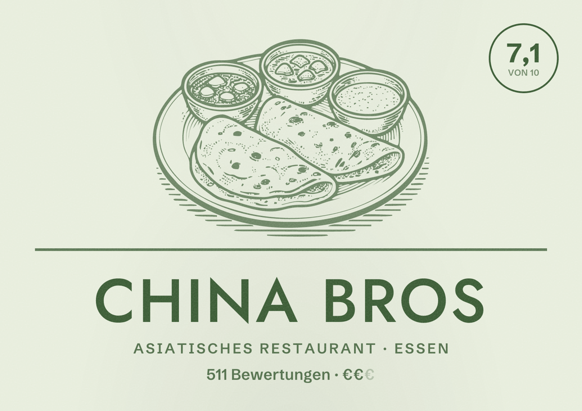 Illustriertes Poster von China Bros, Asiatisches Restaurant in Essen: Bewertung 7,1 von 10 aus 511 Bewertungen, Preisniveau €€