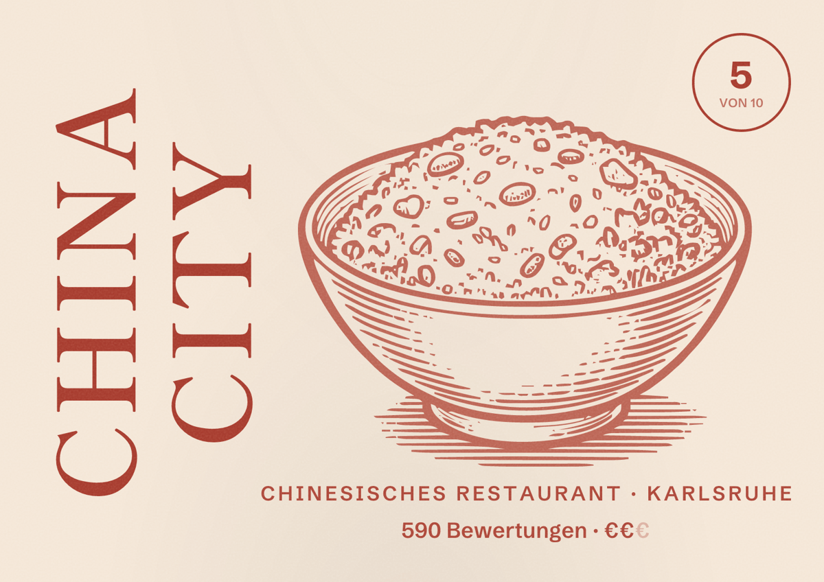 Illustriertes Poster von China City, Chinesisches Restaurant in Karlsruhe: Bewertung 5 von 10 aus 590 Bewertungen, Preisniveau €€