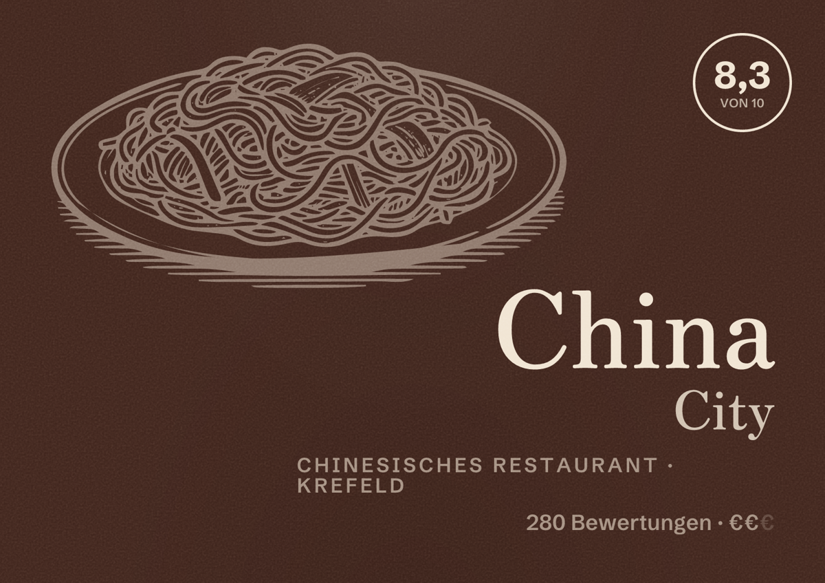 Illustriertes Poster von China City, Chinesisches Restaurant in Krefeld: Bewertung 8,3 von 10 aus 280 Bewertungen, Preisniveau €€