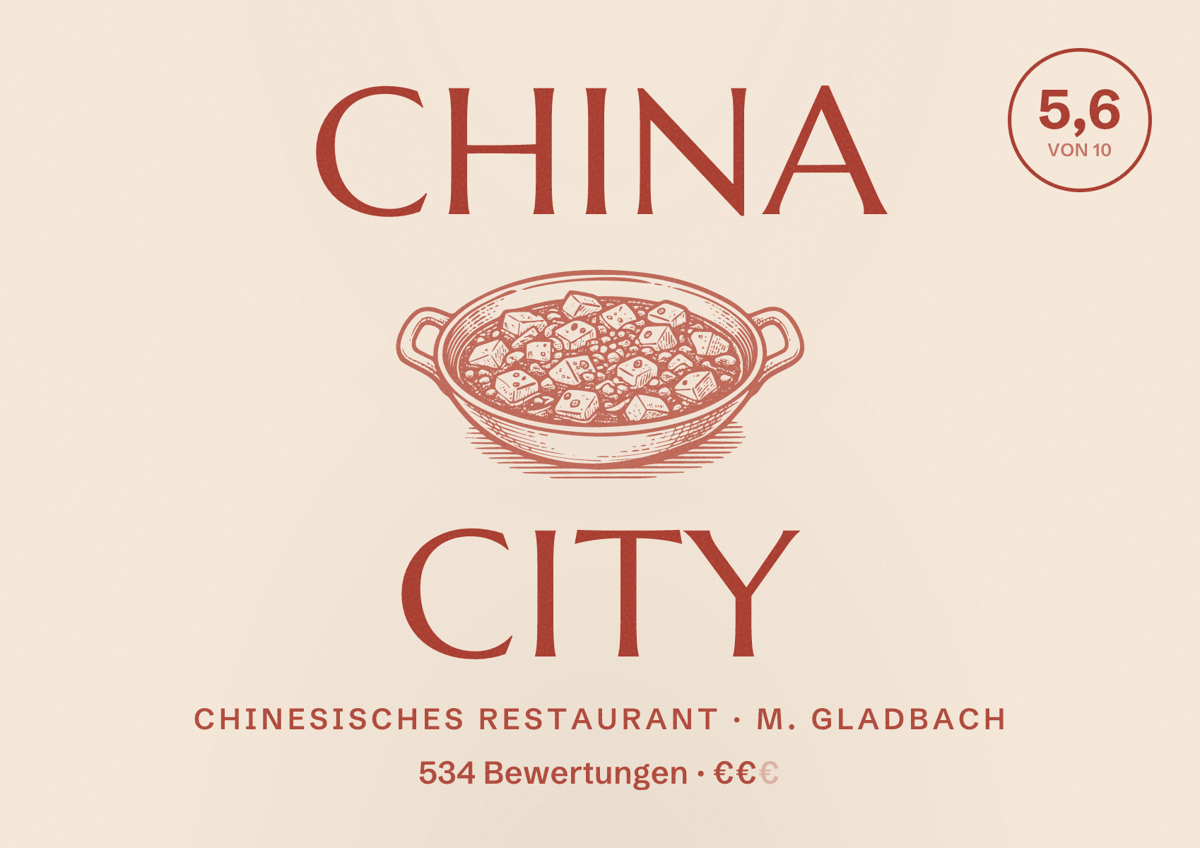 Illustriertes Poster von China City, Chinesisches Restaurant in M. Gladbach: Bewertung 5,6 von 10 aus 534 Bewertungen, Preisniveau €€