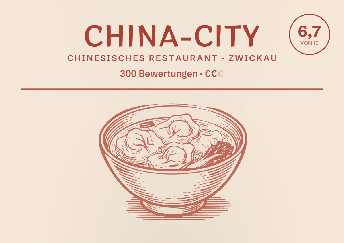 Illustriertes Poster von China-City, Chinesisches Restaurant in Zwickau: Bewertung 6,7 von 10 aus 300 Bewertungen, Preisniveau €€
