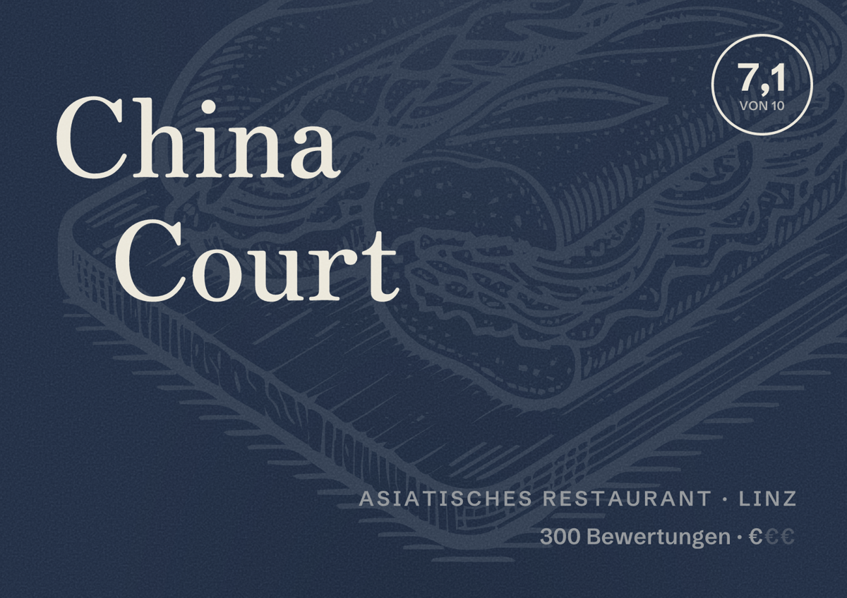 Illustriertes Poster von China Court, Asiatisches Restaurant in Linz: Bewertung 7,1 von 10 aus 300 Bewertungen, Preisniveau €
