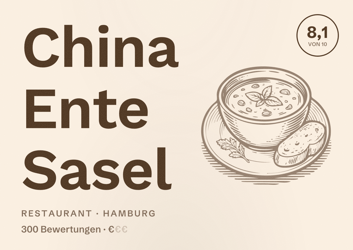 Illustriertes Poster von China Ente Sasel, Restaurant in Hamburg: Bewertung 8,1 von 10 aus 300 Bewertungen, Preisniveau €