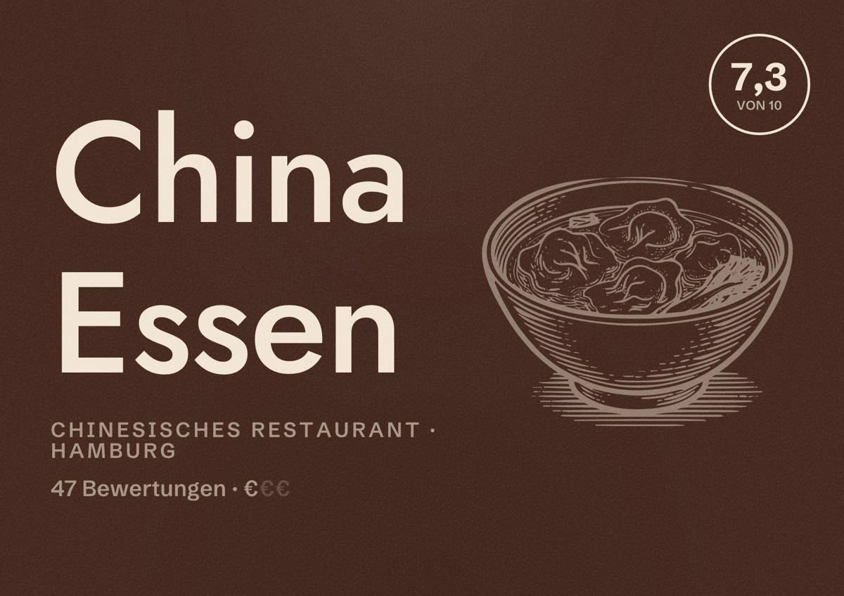 Illustriertes Poster von China Essen, Chinesisches Restaurant in Hamburg: Bewertung 7,3 von 10 aus 47 Bewertungen, Preisniveau €