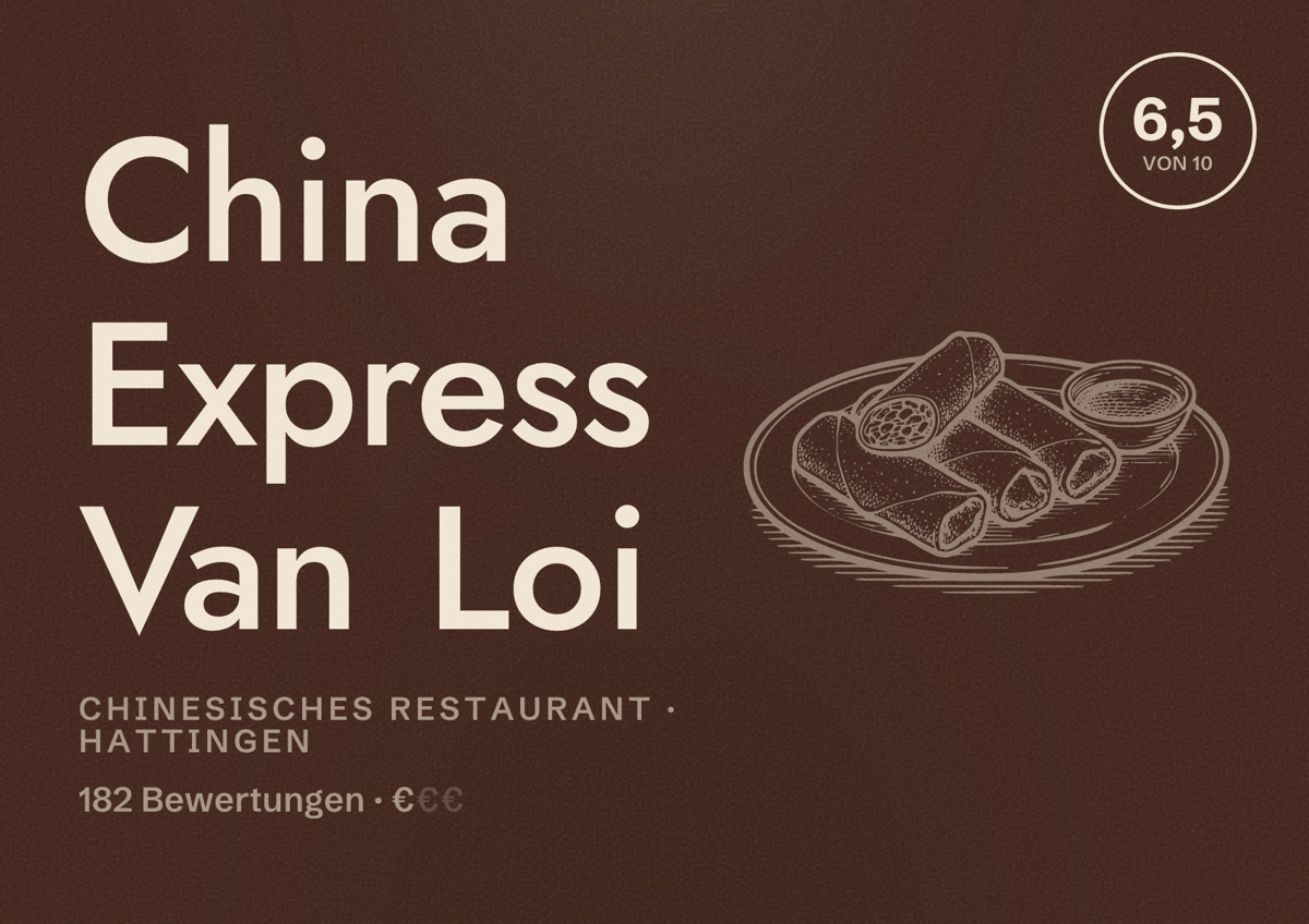 Illustriertes Poster von China Express Van Loi, Chinesisches Restaurant in Hattingen: Bewertung 6,5 von 10 aus 182 Bewertungen, Preisniveau €