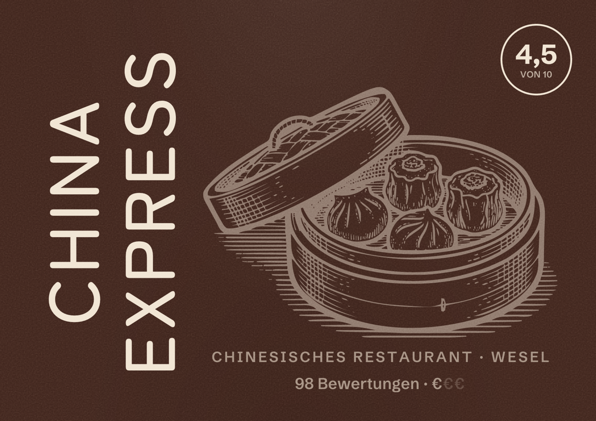 Illustriertes Poster von China Express, Chinesisches Restaurant in Wesel: Bewertung 4,5 von 10 aus 98 Bewertungen, Preisniveau €