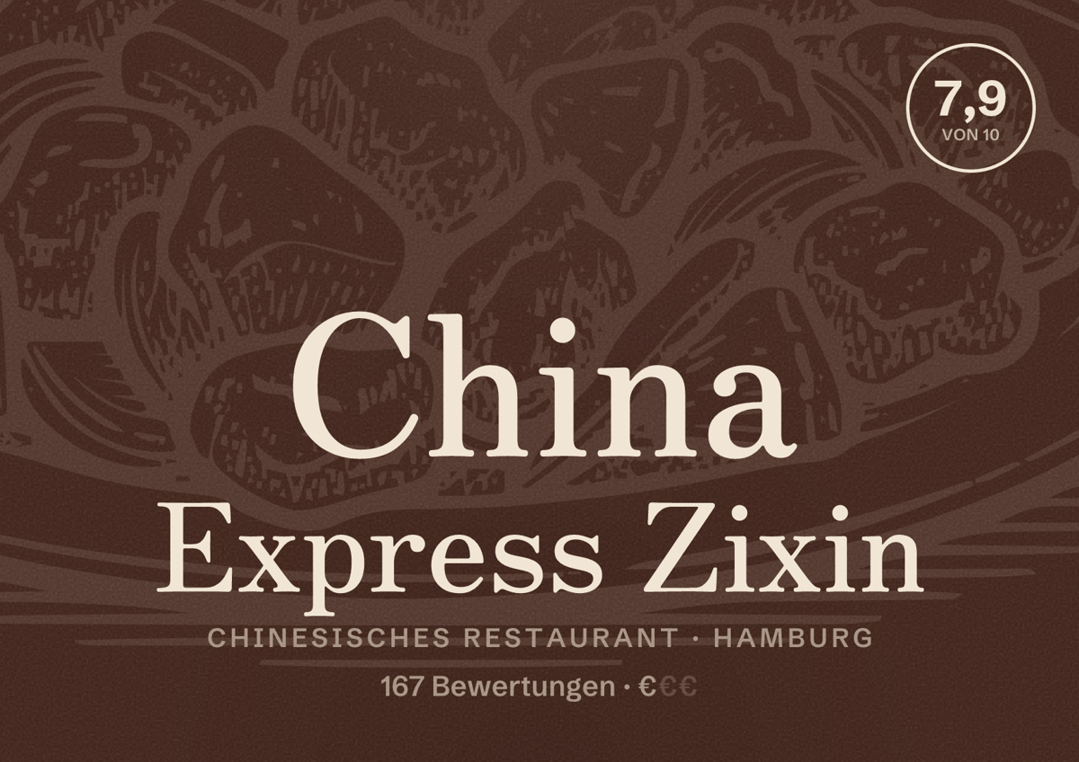 Illustriertes Poster von China Express Zixin, Chinesisches Restaurant in Hamburg: Bewertung 7,9 von 10 aus 167 Bewertungen, Preisniveau €