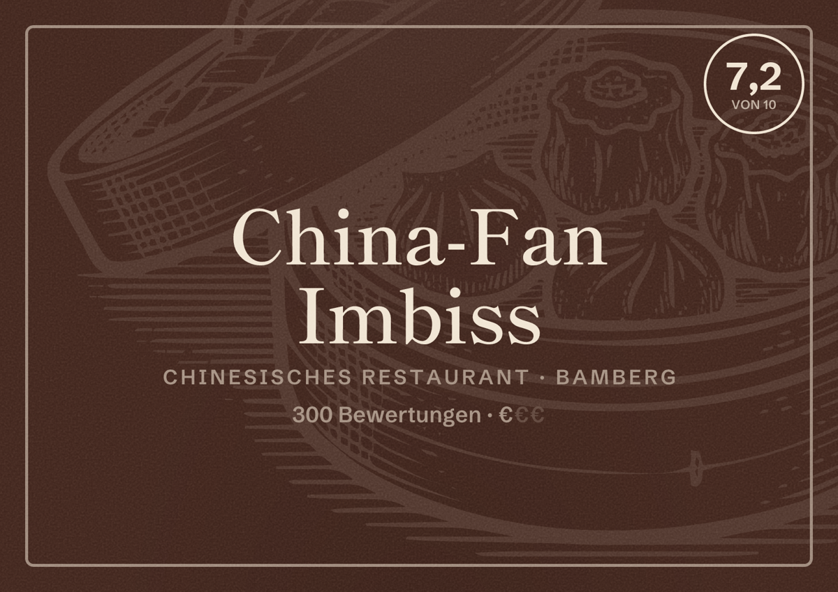 Illustriertes Poster von China-Fan Imbiss, Chinesisches Restaurant in Bamberg: Bewertung 7,2 von 10 aus 300 Bewertungen, Preisniveau €