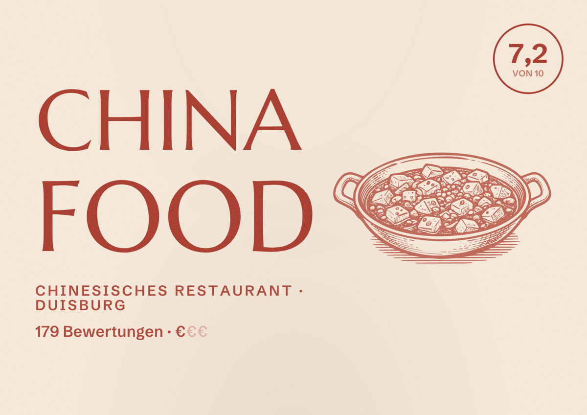 Illustriertes Poster von China Food, Chinesisches Restaurant in Duisburg: Bewertung 7,2 von 10 aus 179 Bewertungen, Preisniveau €