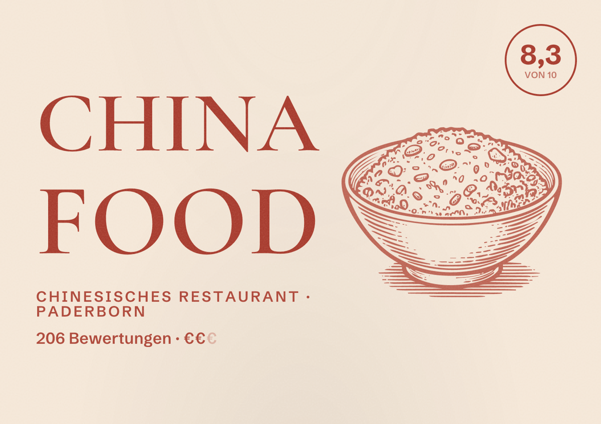 Illustriertes Poster von China Food, Chinesisches Restaurant in Paderborn: Bewertung 8,3 von 10 aus 206 Bewertungen, Preisniveau €€