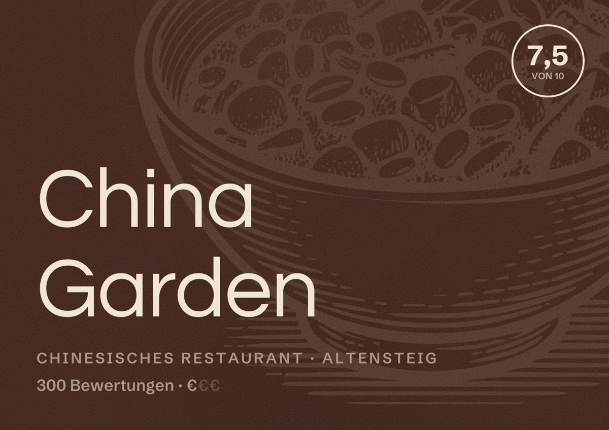Illustriertes Poster von China Garden, Chinesisches Restaurant in Altensteig: Bewertung 7,5 von 10 aus 300 Bewertungen, Preisniveau €