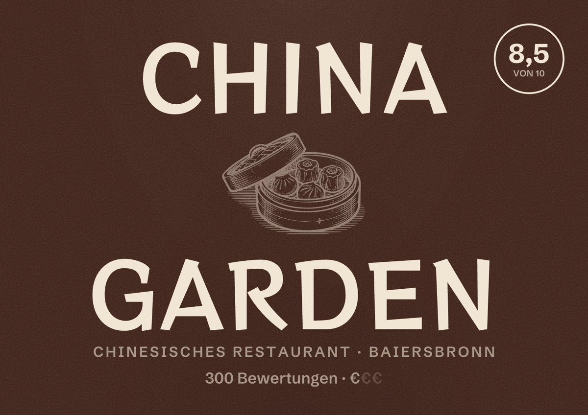 Illustriertes Poster von China Garden, Chinesisches Restaurant in Baiersbronn: Bewertung 8,5 von 10 aus 300 Bewertungen, Preisniveau €