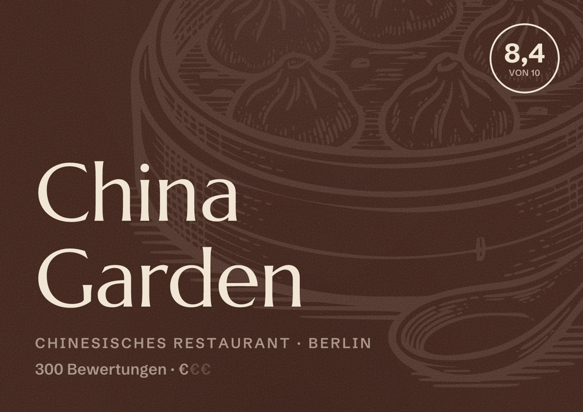 Illustriertes Poster von China Garden, Chinesisches Restaurant in Berlin: Bewertung 8,4 von 10 aus 300 Bewertungen, Preisniveau €