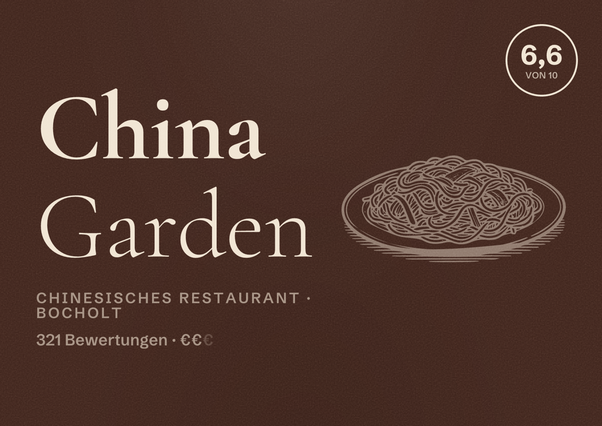 Illustriertes Poster von China Garden, Chinesisches Restaurant in Bocholt: Bewertung 6,6 von 10 aus 321 Bewertungen, Preisniveau €€