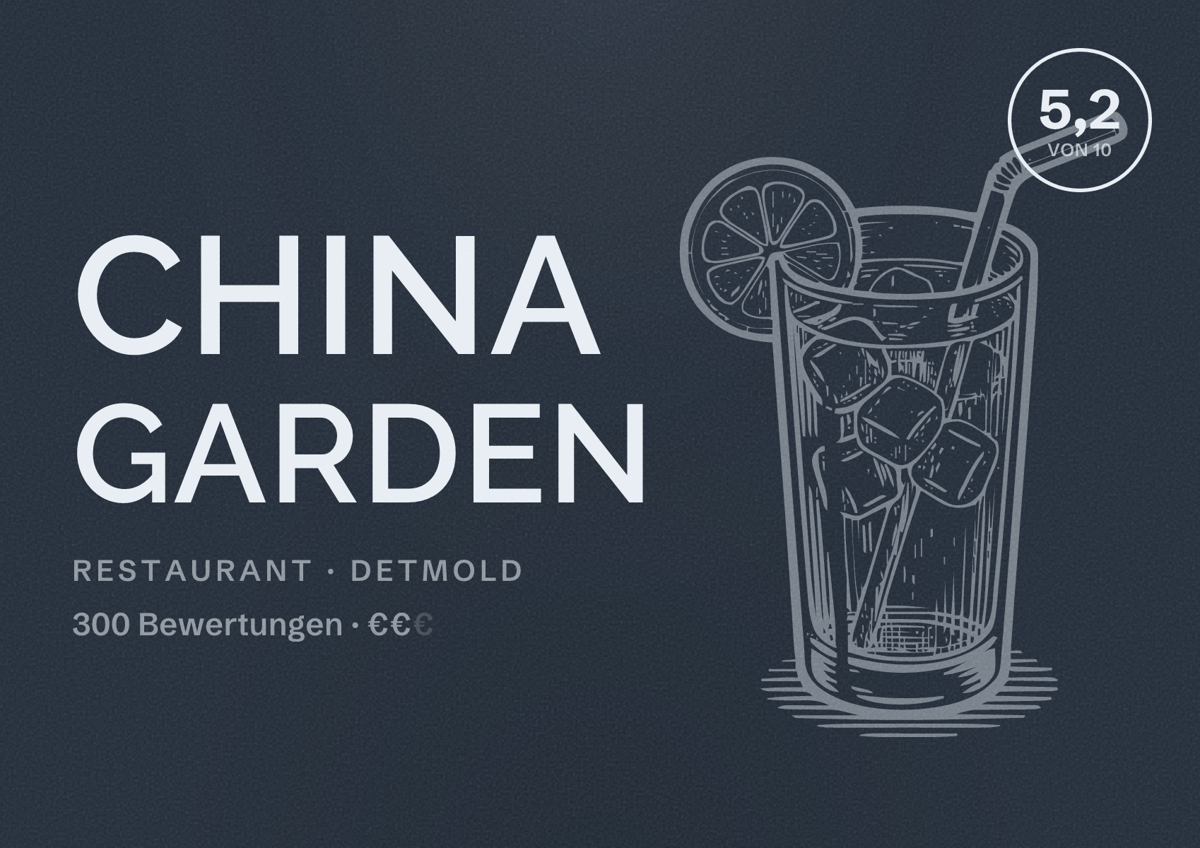 Illustriertes Poster von China Garden, Restaurant in Detmold: Bewertung 5,2 von 10 aus 300 Bewertungen, Preisniveau €€