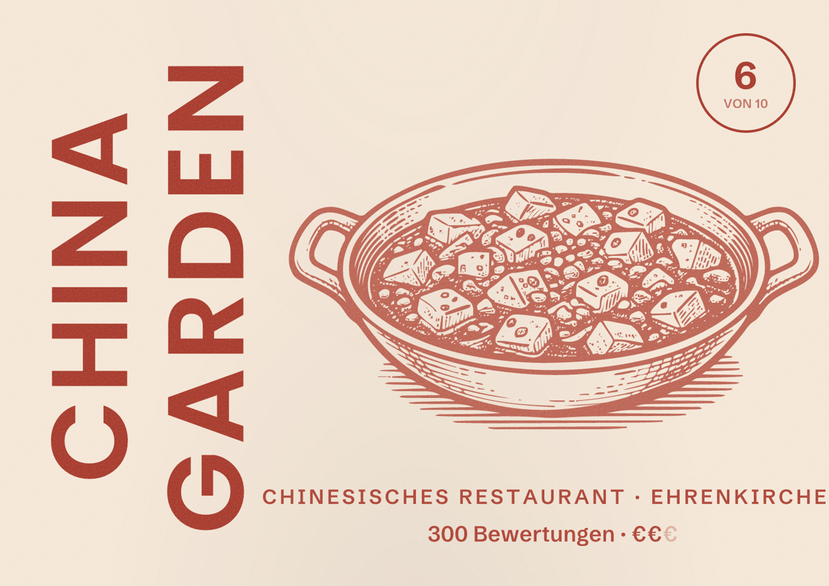 Illustriertes Poster von China Garden, Chinesisches Restaurant in Ehrenkirchen: Bewertung 6 von 10 aus 300 Bewertungen, Preisniveau €€