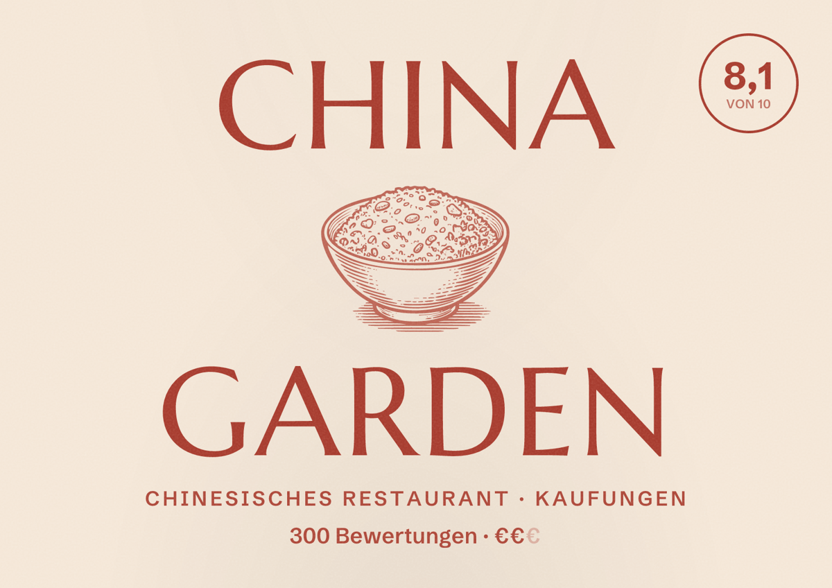 Illustriertes Poster von China Garden, Chinesisches Restaurant in Kaufungen: Bewertung 8,1 von 10 aus 300 Bewertungen, Preisniveau €€