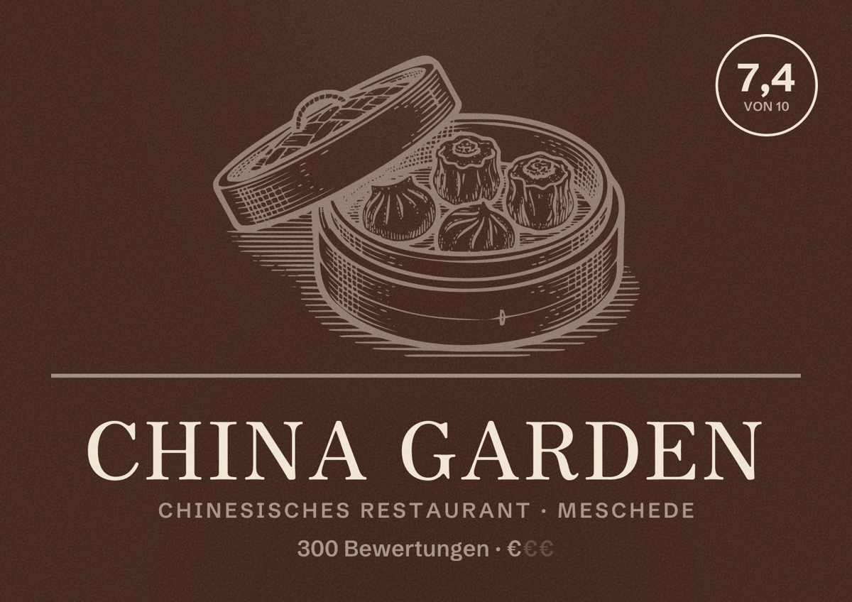 Illustriertes Poster von China Garden, Chinesisches Restaurant in Meschede: Bewertung 7,4 von 10 aus 300 Bewertungen, Preisniveau €