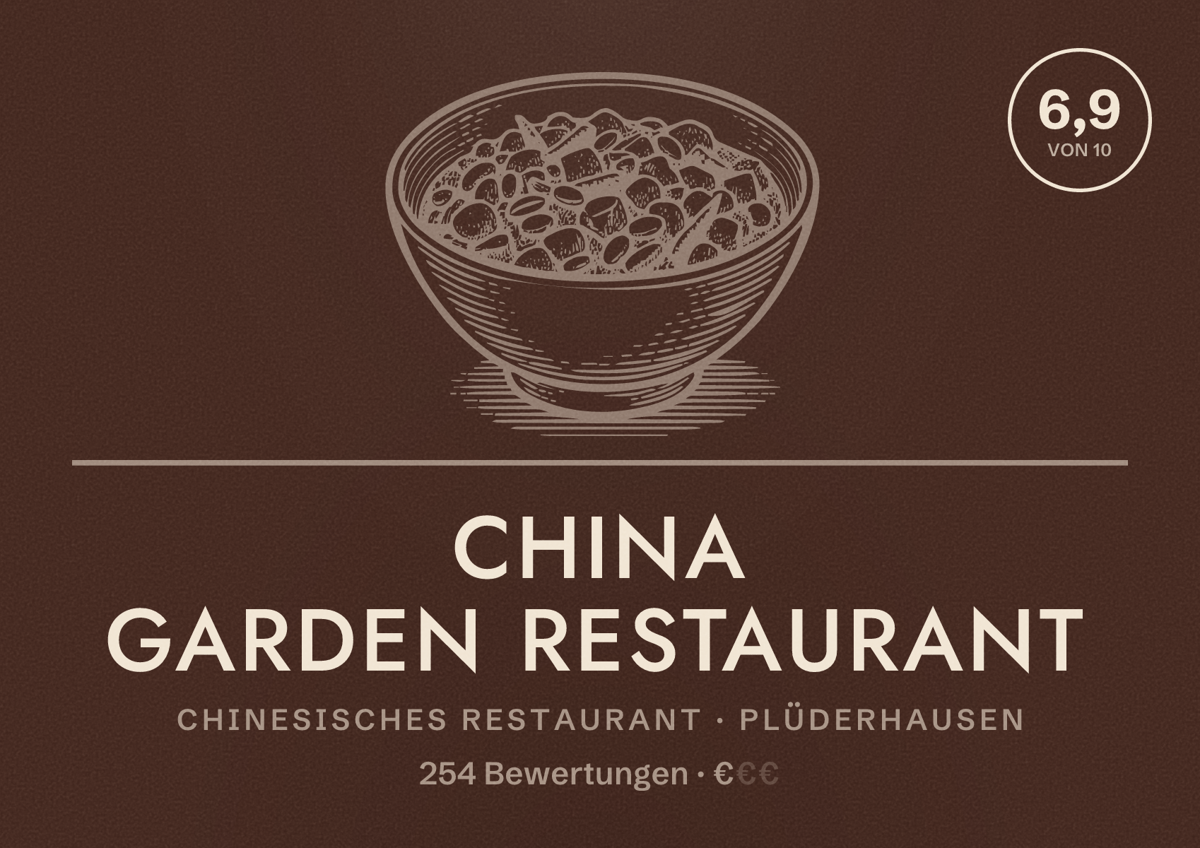 Illustriertes Poster von China Garden Restaurant, Chinesisches Restaurant in Plüderhausen: Bewertung 6,9 von 10 aus 254 Bewertungen, Preisniveau €