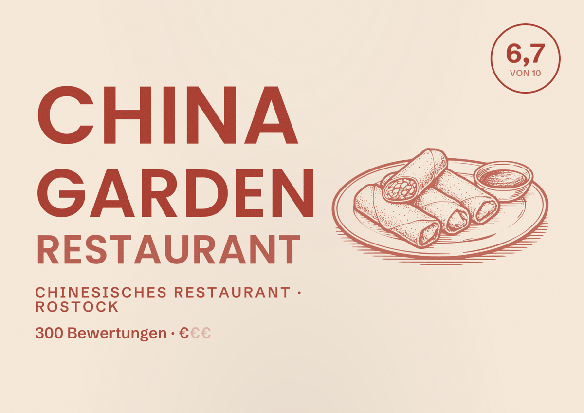 Illustriertes Poster von China Garden Restaurant, Chinesisches Restaurant in Rostock: Bewertung 6,7 von 10 aus 300 Bewertungen, Preisniveau €