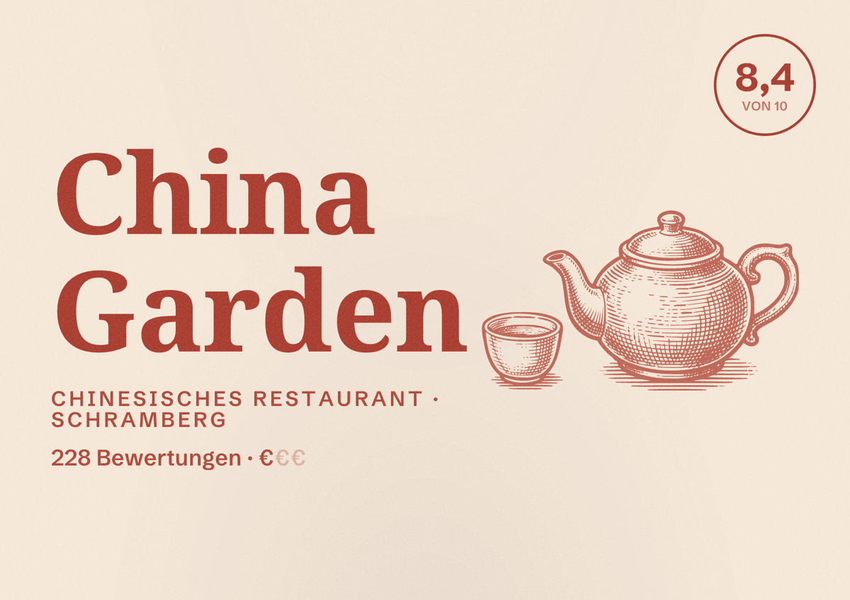 Illustriertes Poster von China Garden, Chinesisches Restaurant in Schramberg: Bewertung 8,4 von 10 aus 228 Bewertungen, Preisniveau €