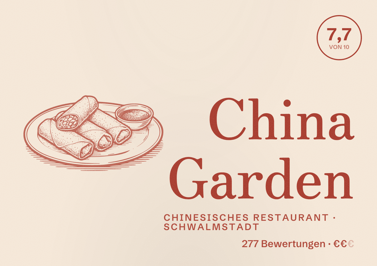 Illustriertes Poster von China Garden, Chinesisches Restaurant in Schwalmstadt: Bewertung 7,7 von 10 aus 277 Bewertungen, Preisniveau €€