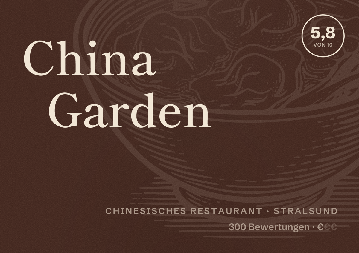 Illustriertes Poster von China Garden, Chinesisches Restaurant in Stralsund: Bewertung 5,8 von 10 aus 300 Bewertungen, Preisniveau €
