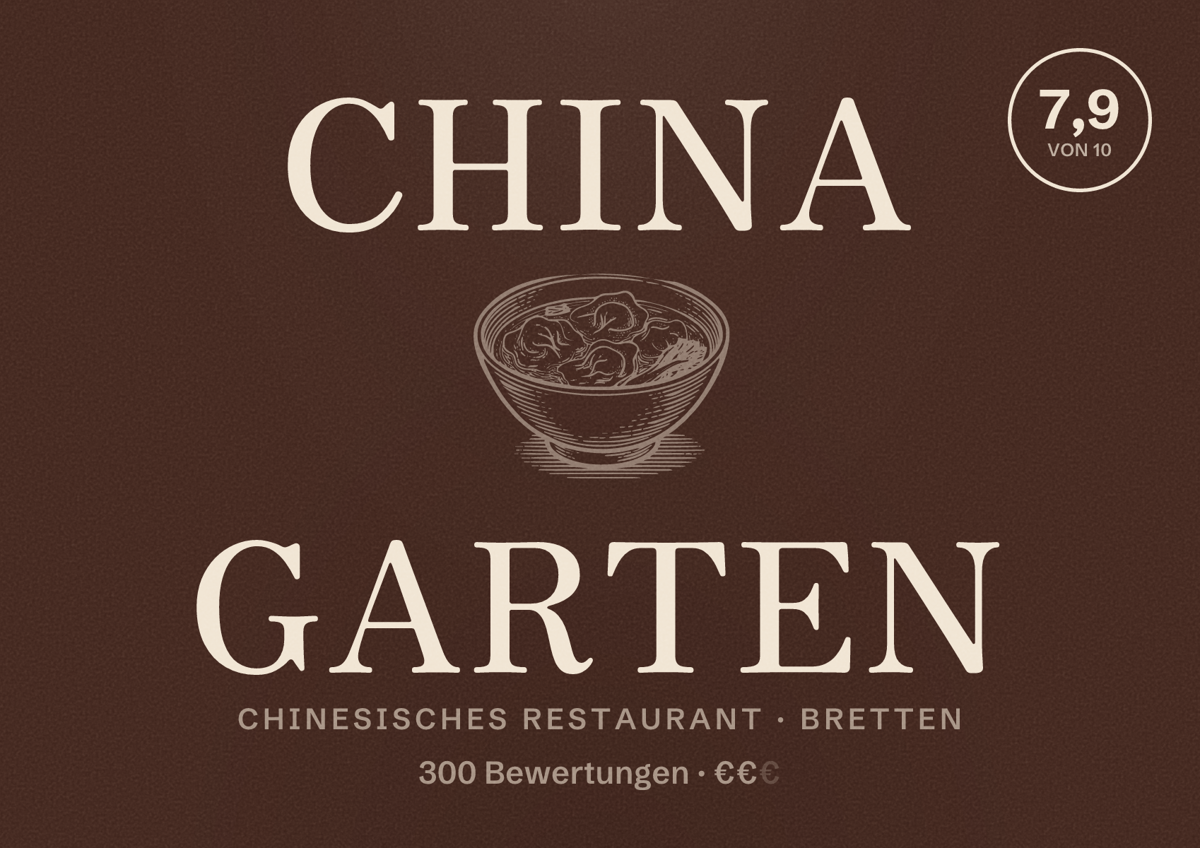 Illustriertes Poster von China Garten, Chinesisches Restaurant in Bretten: Bewertung 7,9 von 10 aus 300 Bewertungen, Preisniveau €€