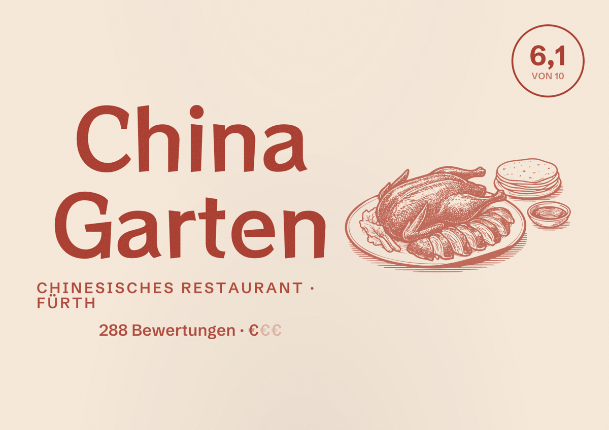 Illustriertes Poster von China Garten, Chinesisches Restaurant in Fürth: Bewertung 6,1 von 10 aus 288 Bewertungen, Preisniveau €