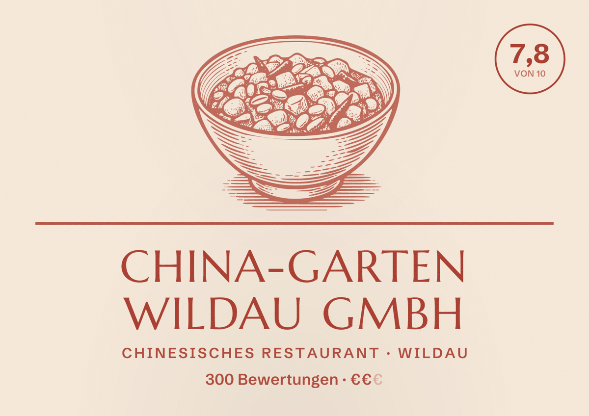 Illustriertes Poster von China-Garten Wildau GmbH, Chinesisches Restaurant in Wildau: Bewertung 7,8 von 10 aus 300 Bewertungen, Preisniveau €€