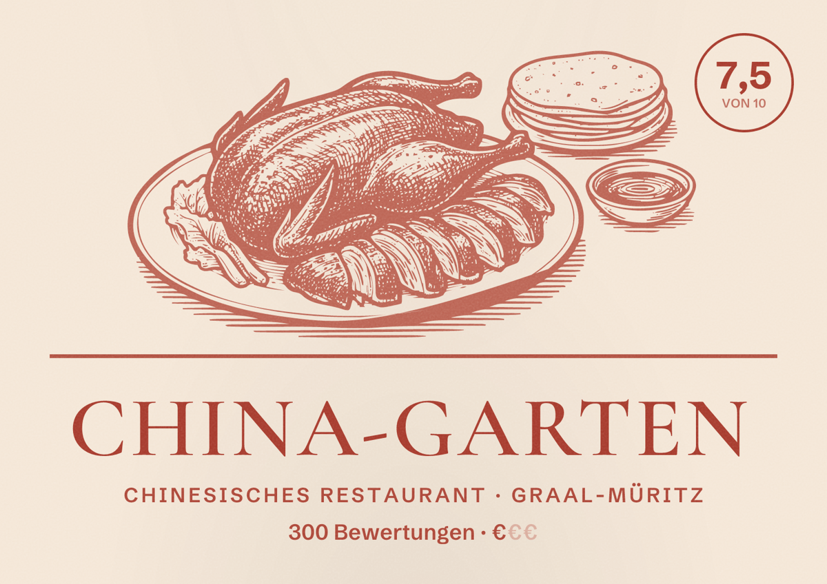 Illustriertes Poster von China-Garten, Chinesisches Restaurant in Graal-Müritz: Bewertung 7,5 von 10 aus 300 Bewertungen, Preisniveau €