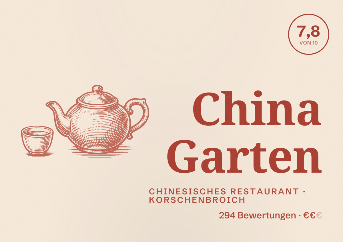 Illustriertes Poster von China Garten, Chinesisches Restaurant in Korschenbroich: Bewertung 7,8 von 10 aus 294 Bewertungen, Preisniveau €€