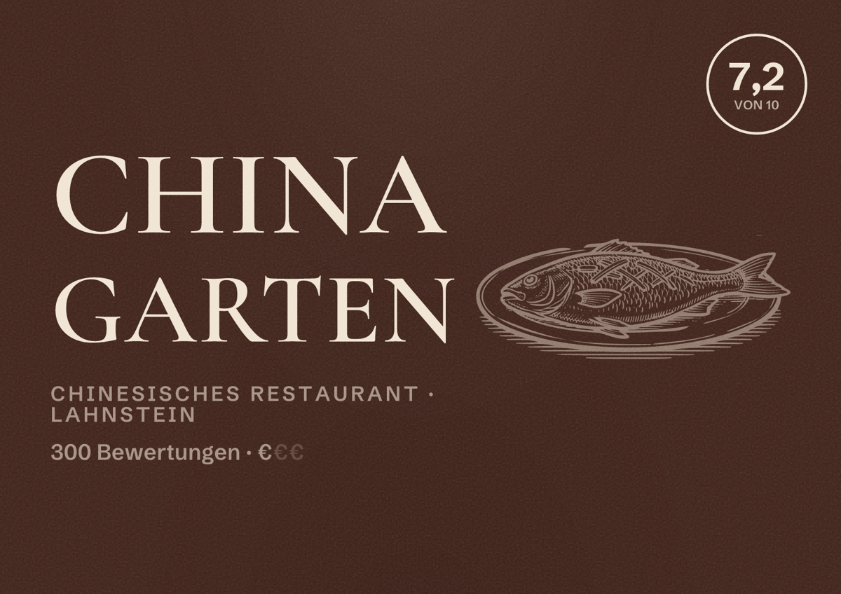 Illustriertes Poster von China Garten, Chinesisches Restaurant in Lahnstein: Bewertung 7,2 von 10 aus 300 Bewertungen, Preisniveau €