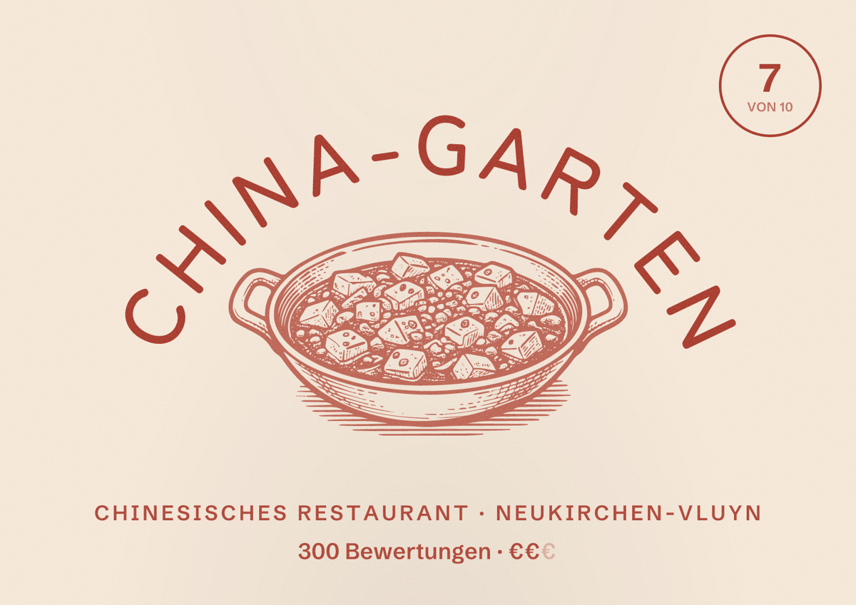 Illustriertes Poster von China-Garten, Chinesisches Restaurant in Neukirchen-Vluyn: Bewertung 7 von 10 aus 300 Bewertungen, Preisniveau €€