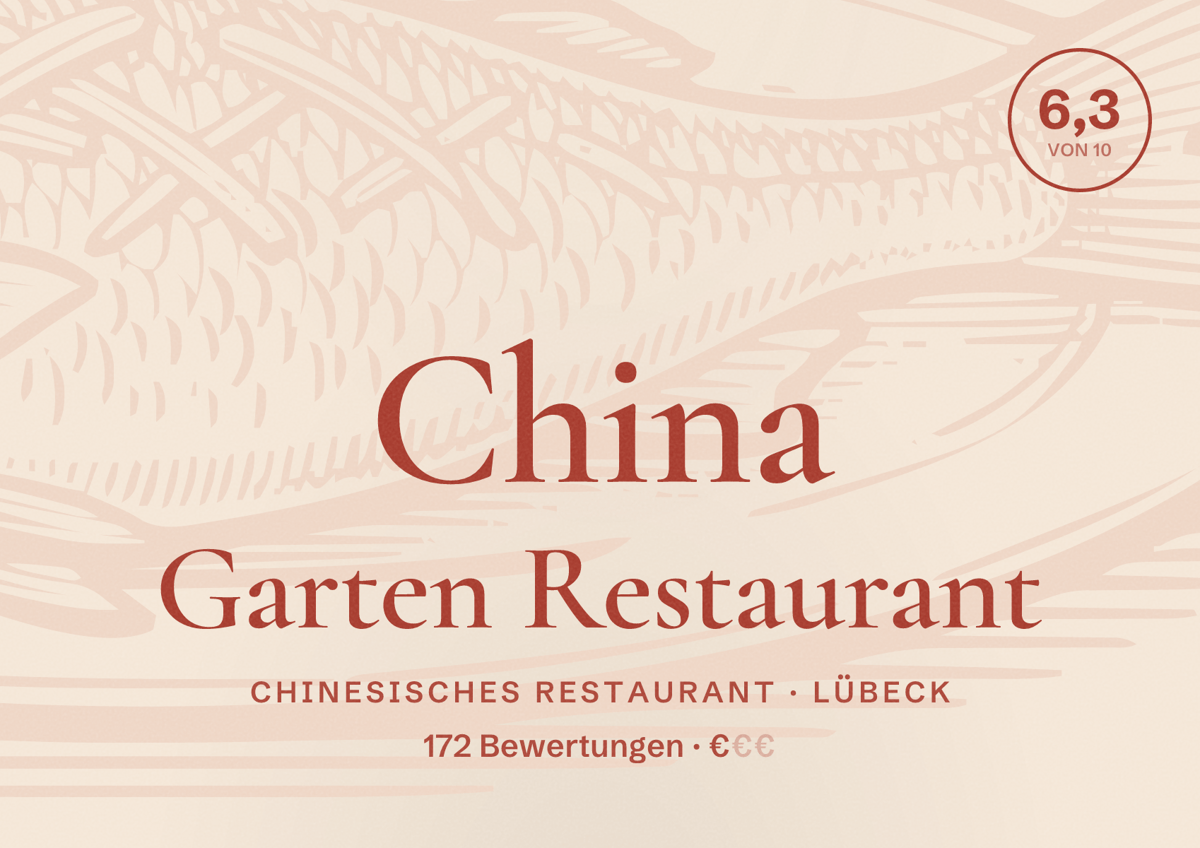 Illustriertes Poster von China Garten Restaurant, Chinesisches Restaurant in Lübeck: Bewertung 6,3 von 10 aus 172 Bewertungen, Preisniveau €