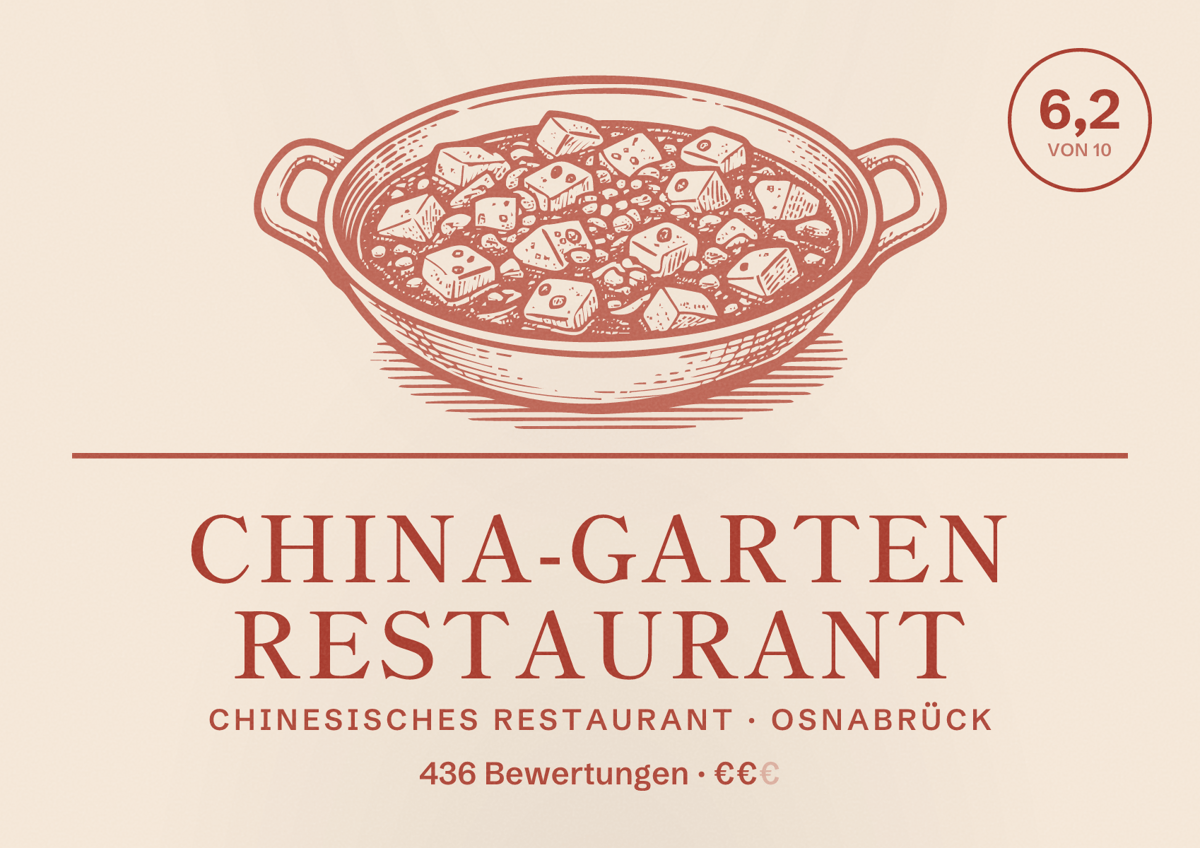 Illustriertes Poster von China-Garten Restaurant, Chinesisches Restaurant in Osnabrück: Bewertung 6,2 von 10 aus 436 Bewertungen, Preisniveau €€