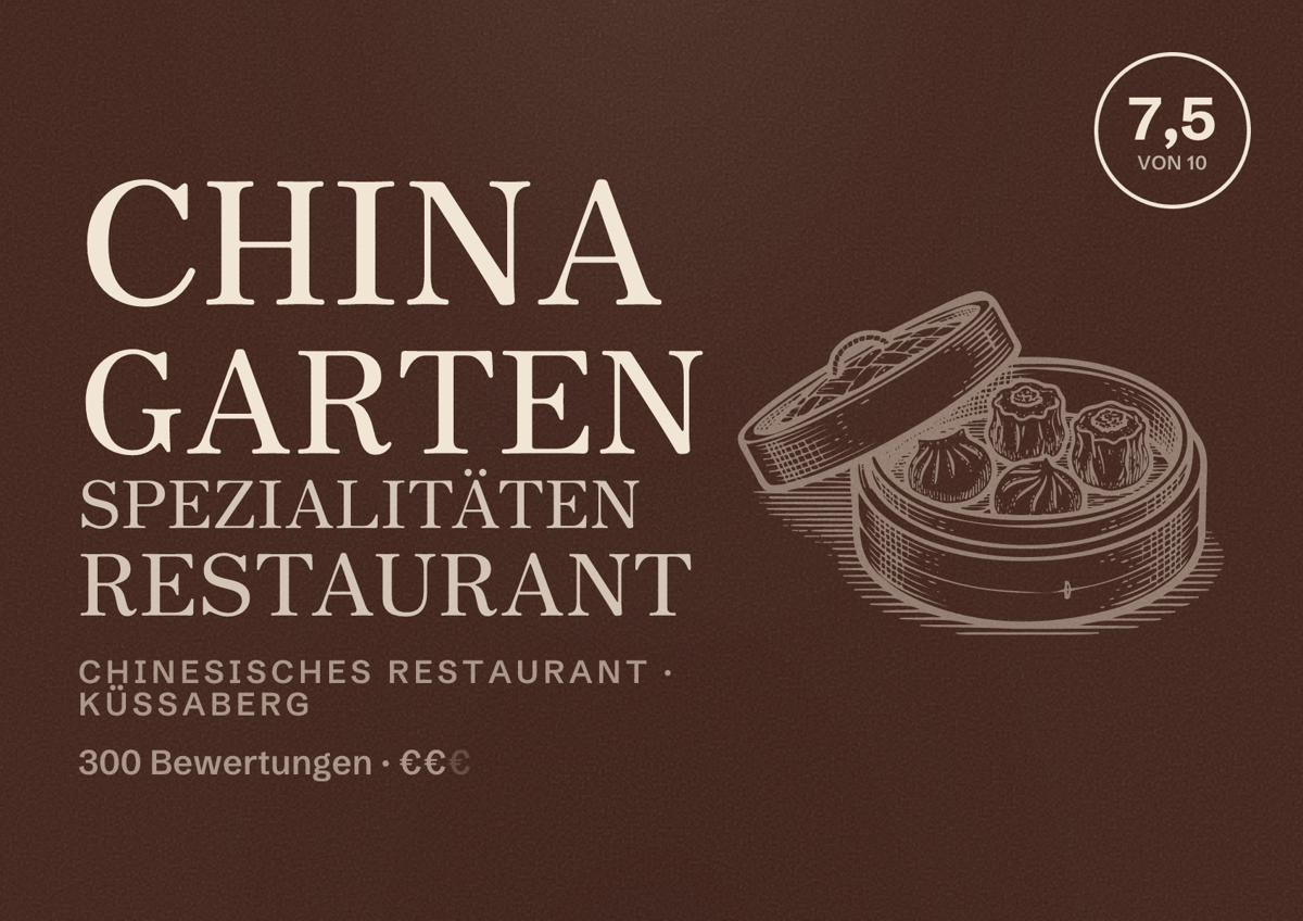 Illustriertes Poster von China Garten Spezialitäten Restaurant, Chinesisches Restaurant in Küssaberg: Bewertung 7,5 von 10 aus 300 Bewertungen, Preisniveau €€