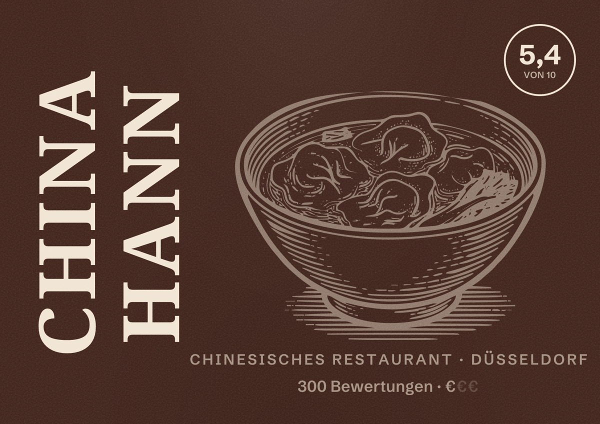 Illustriertes Poster von CHINA HANN, Chinesisches Restaurant in Düsseldorf: Bewertung 5,4 von 10 aus 300 Bewertungen, Preisniveau €