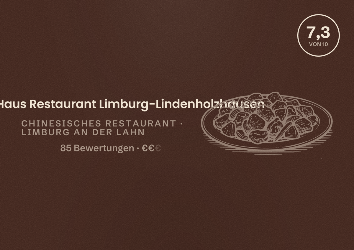 Illustriertes Poster von China Haus Restaurant Limburg-Lindenholzhausen, Chinesisches Restaurant in Limburg an der Lahn: Bewertung 7,3 von 10 aus 85 Bewertungen, Preisniveau €€