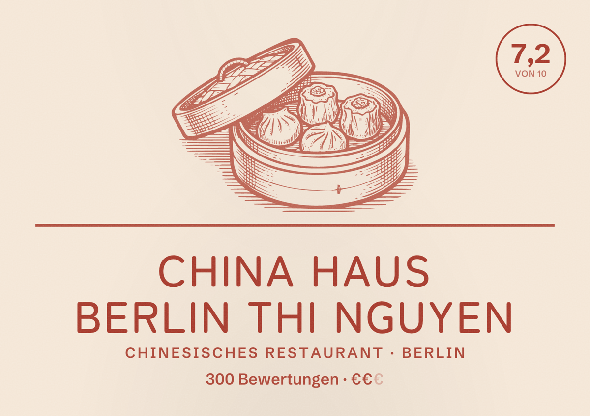 Illustriertes Poster von China Haus Berlin Thi Nguyen, Chinesisches Restaurant in Berlin: Bewertung 7,2 von 10 aus 300 Bewertungen, Preisniveau €€