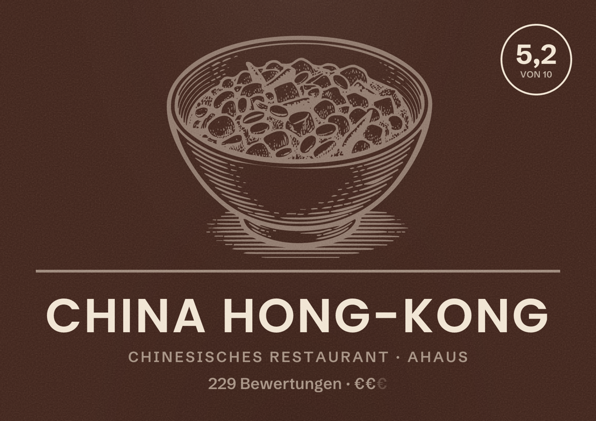 Illustriertes Poster von China Hong-Kong, Chinesisches Restaurant in Ahaus: Bewertung 5,2 von 10 aus 229 Bewertungen, Preisniveau €€