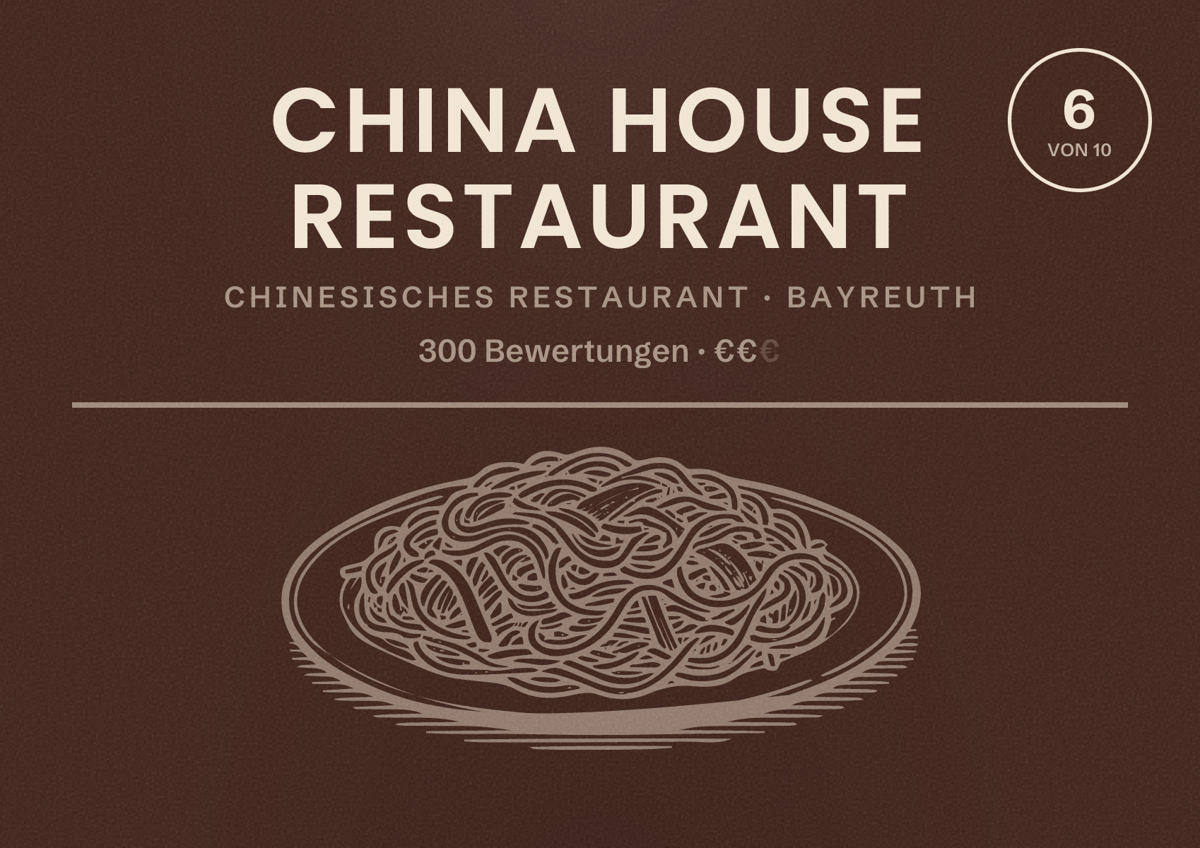 Illustriertes Poster von China House Restaurant, Chinesisches Restaurant in Bayreuth: Bewertung 6 von 10 aus 300 Bewertungen, Preisniveau €€