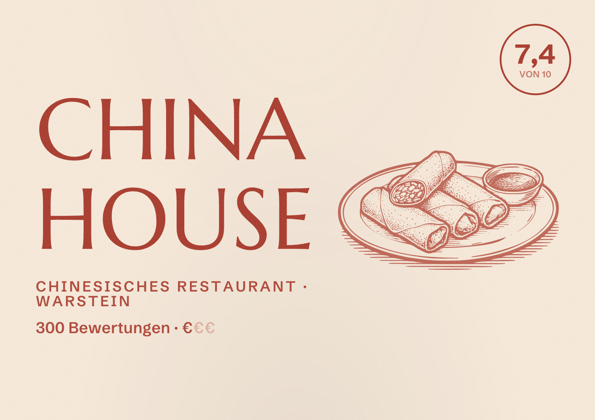 Illustriertes Poster von China House, Chinesisches Restaurant in Warstein: Bewertung 7,4 von 10 aus 300 Bewertungen, Preisniveau €