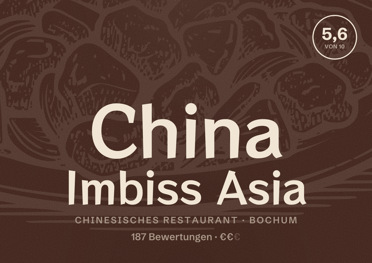Illustriertes Poster von China Imbiss Asia, Chinesisches Restaurant in Bochum: Gästebewertung 5,6 von 10 aus 187 Bewertungen